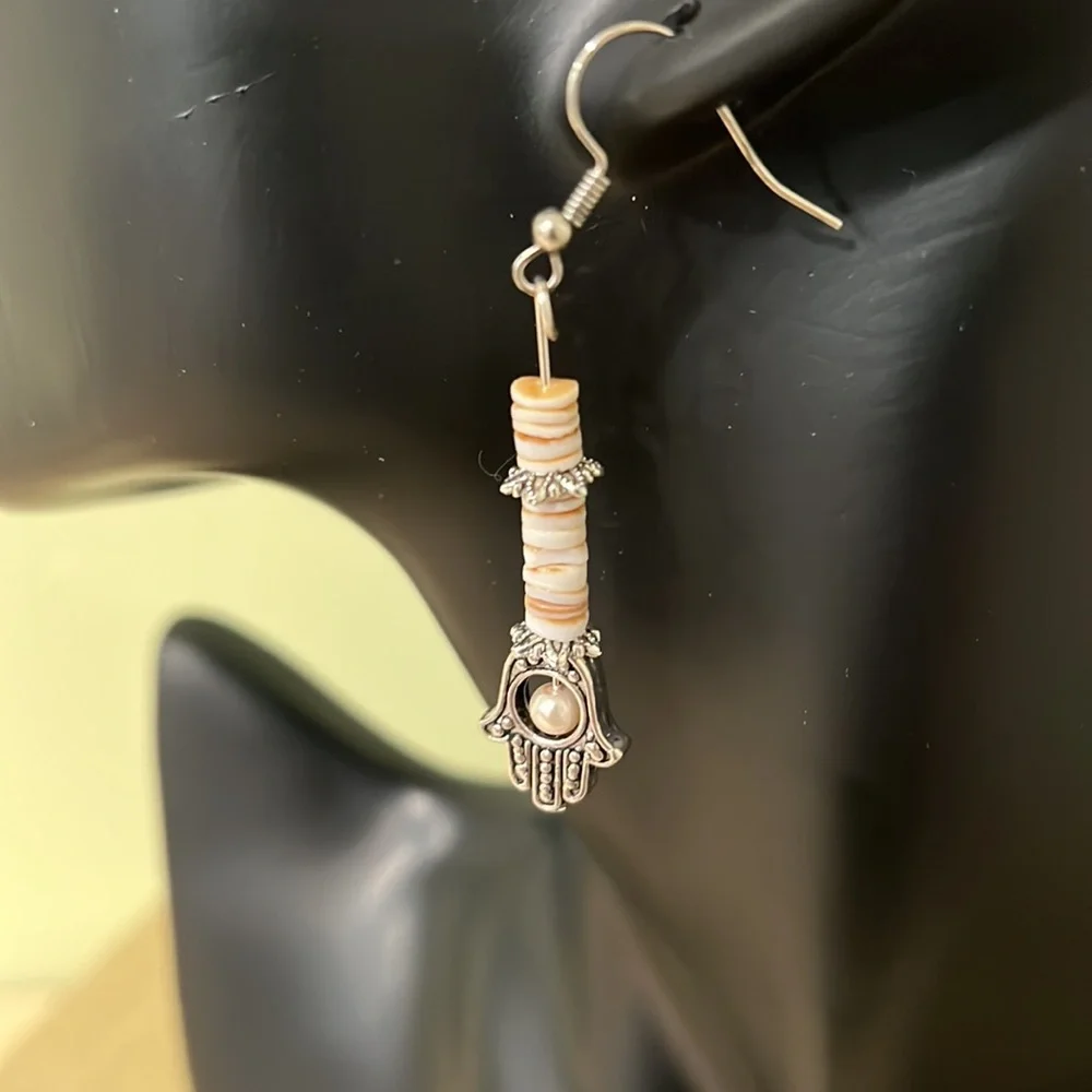 Handmade 🪬 Hamsa Charm & Shell Dangle Earrings - Picture 2 of 5